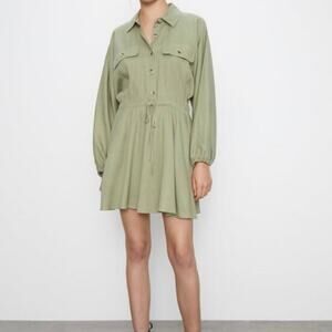 Zara Women's‎ Light Green Long Sleeve Button Front Tie Waist Shirt Dress Size S